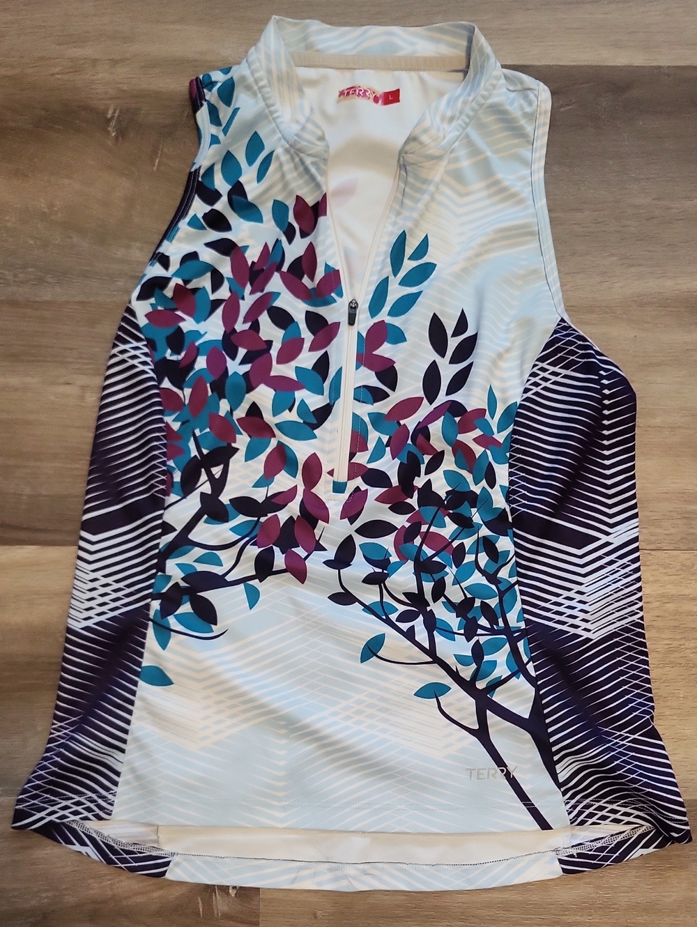 Terry Biking Tank White with Teal, Plum and Navy Leaf Print